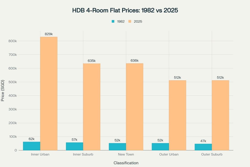 HDB 4-room flat prices have increased dramatically across all classifications from 1982 to 2025, with Inner Urban areas seeing the highest appreciation at over 13 times the original price.